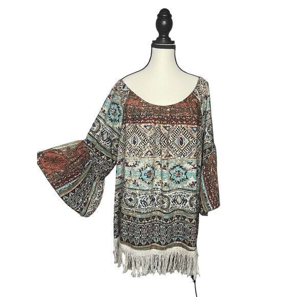 Ali Miles Tunic Top Women's 1X Southwest Aztec‎ Print Fringe Bell Sleeve Boho - Picture 4 of 10